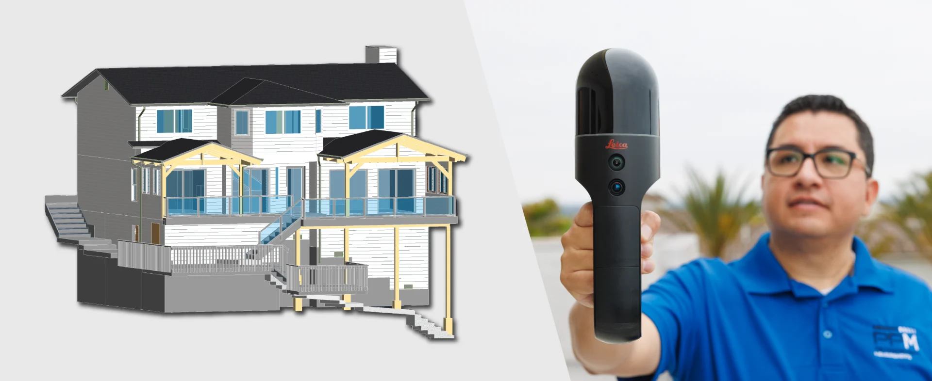 Image of a 3D Single-Family Residence BIM Model drafted in Revit by PPM and a surveyor using the Leica BLK2GO laser scanner to capture data.