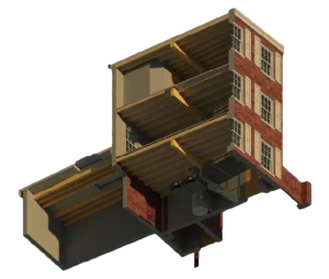 Revit model of a building sliced to show an elevation section view