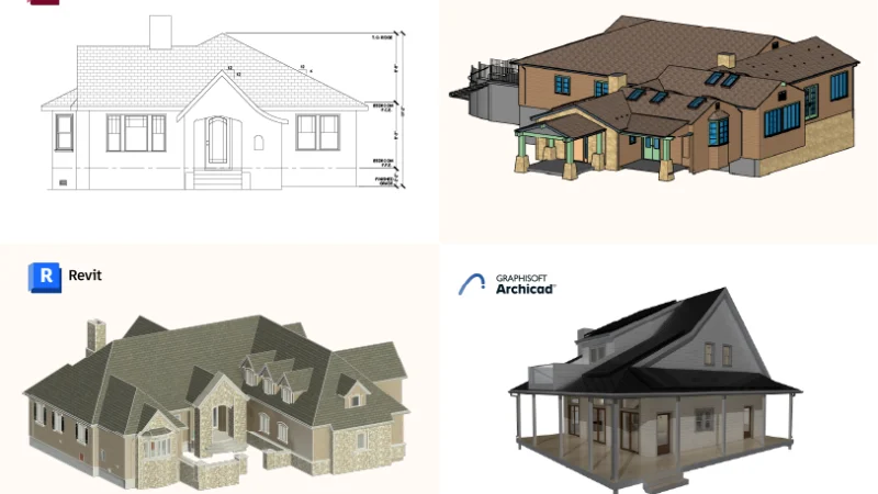 As-Built plans shown in four different software formats: AutoCAD, Revit, Archicad, and SketchUp