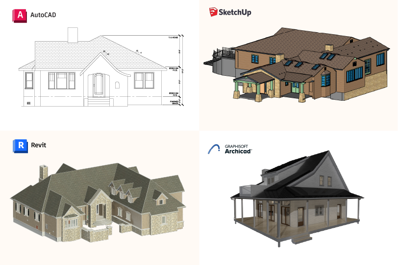 As-Built plans shown in four different software formats: AutoCAD, Revit, Archicad, and SketchUp