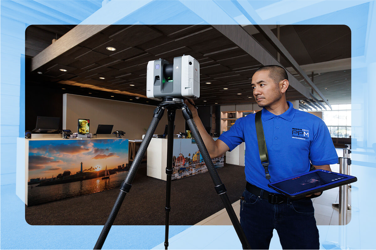 A Precision Property Measurements employee uses a Leica RTC 360 scanner to survey a hotel meeting area.