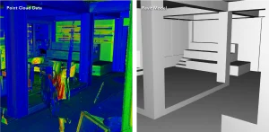 Image of point cloud data next to the Revit model of an interior space.