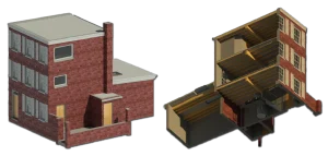 Exterior view of a 3D BIM model of a building next to a slice of the model that shows the interior.